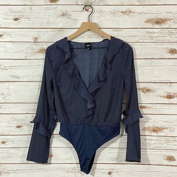 NUDE Polka Dot Ruffle Long Sleeve Thong Bodysuit - Blue - Small - Picture 14 of 15